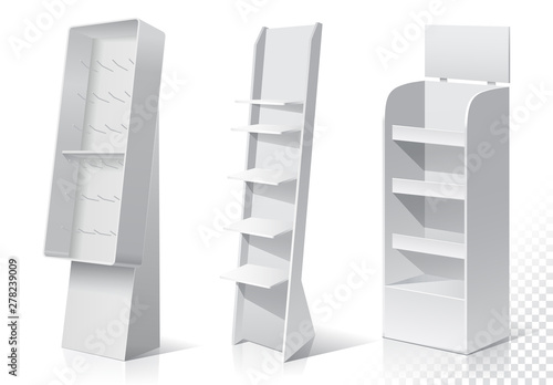White Empty Displays With Shelves Products.Display on Isolated white background. Mock-up template. Product Packing Vector