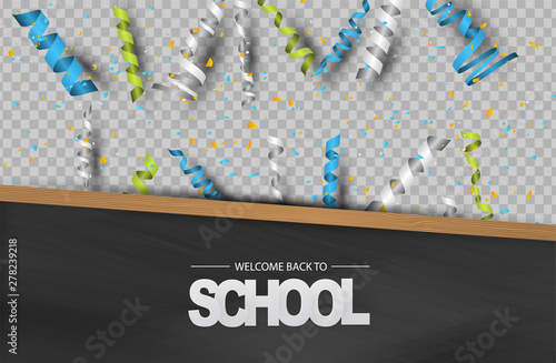 Welcome back to school background with wooden frame blackboard, falling confetti and ringlets over transparent space for custom photo. Vector illustration.