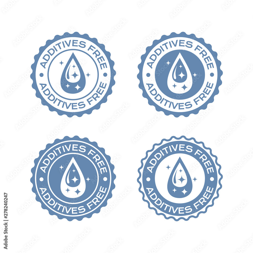 Additives free badges set. Vector labels with drop and sparklers icon for package design.