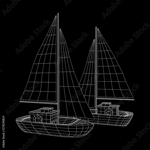 Yacht or sail boat. Luxury yacht race, sea sailing regatta concept. Wireframe low poly mesh vector illustration
