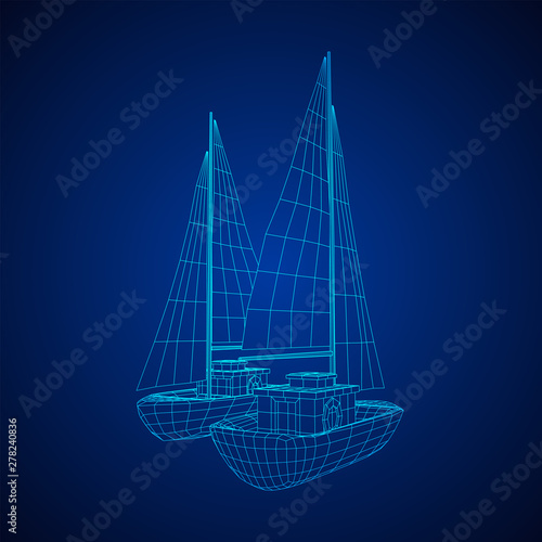 Yacht or sail boat. Luxury yacht race, sea sailing regatta concept. Wireframe low poly mesh vector illustration