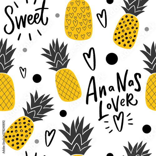 Ananas seamless pattern with hand lettering for print, decor, textile. Kids pattern with pineapples.