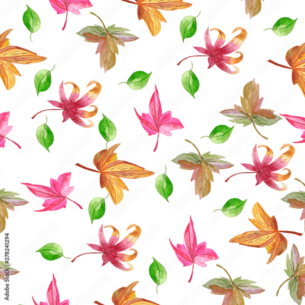 Seamless pattern watercolor fallen down autumn leaves of a tree on a white background Hand painted illustration for design kitchen, bio food, menu, healthy eating Seamless pattern watercolor fallen down autumn leaves of a tree on a white background Hand painted illustration for design kitchen, bio food, menu, healthy eating