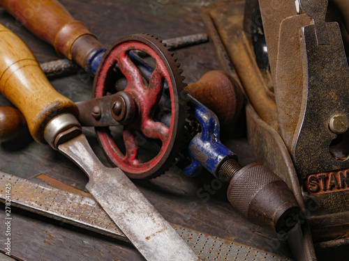 Woodworking tools on a wood workbench