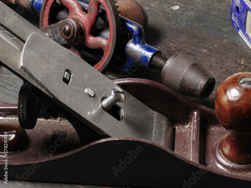 Woodworking tools on a wood workbench