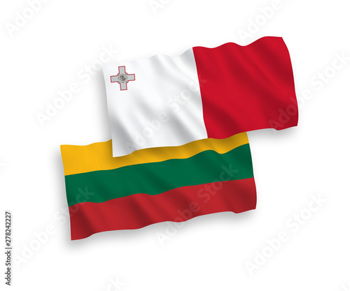 National vector fabric wave flags of Lithuania and Malta isolated on white background. 1 to 2 proportion.