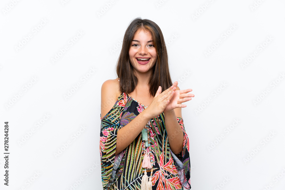 Caucasian young woman in colorful dress on isolated white background applauding Caucasian young woman in colorful dress on isolated white background applauding