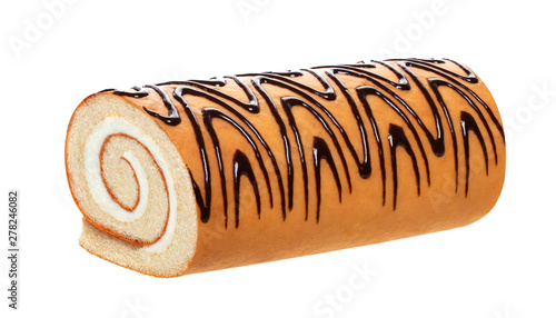 Sponge cake roll isolated on white background, swiss roll with vanilla cream