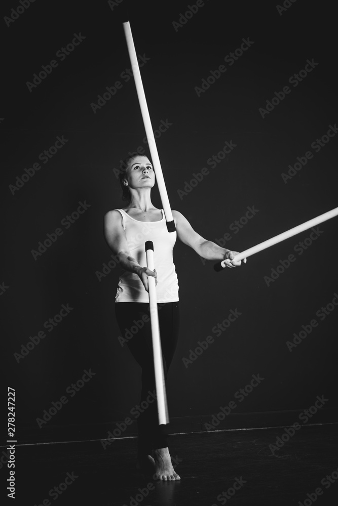 Juggler woman do his sticks performance, Circus artist training  