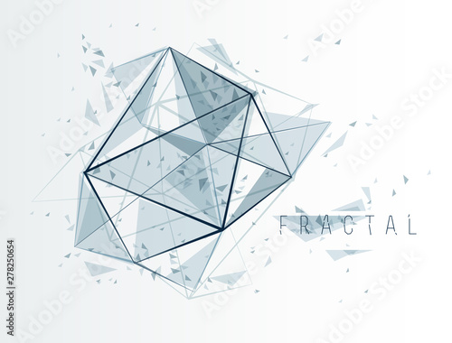 Low poly particles abstract vector background, polygonal fractal design, 3D dimensional element with connected lines, mesh object technology and science theme.