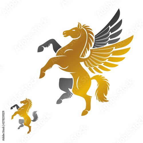 Winged Pegasus and Horse ancient emblems elements set. Heraldic vector design elements collection. Retro style label  heraldry logo.