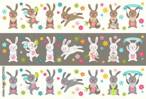 Set of cute Easter cartoon characters white rabbits and design elements flowers. Easter bunny and flowers. Vector illustration