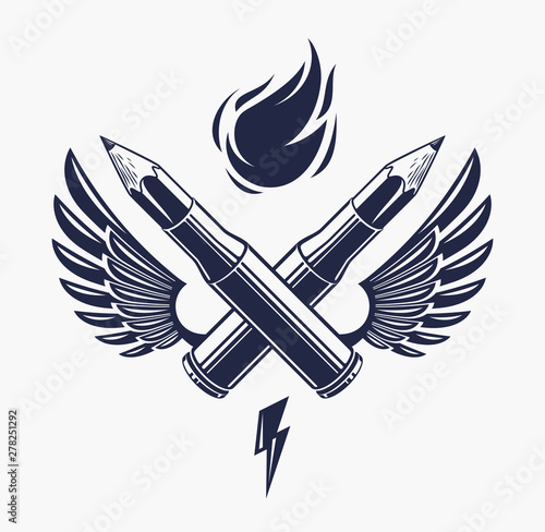 Idea is a weapon concept, weapon of a designer or artist allegory shown as a winged firearm cartridge cases with pencils instead of bullet, creative power, vector logo or icon.