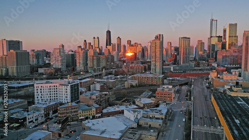 Golden Light Night Sunset over Downtown City Skyline Chicago Illinois