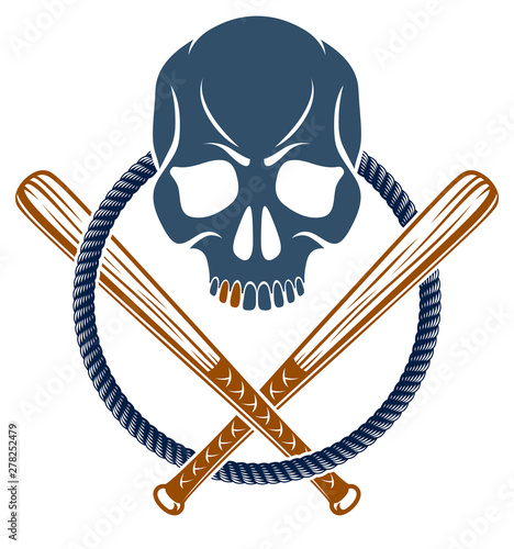 Gang brutal criminal emblem or logo with aggressive skull baseball bats design elements, vector anarchy crime terror retro style, ghetto revolutionary.