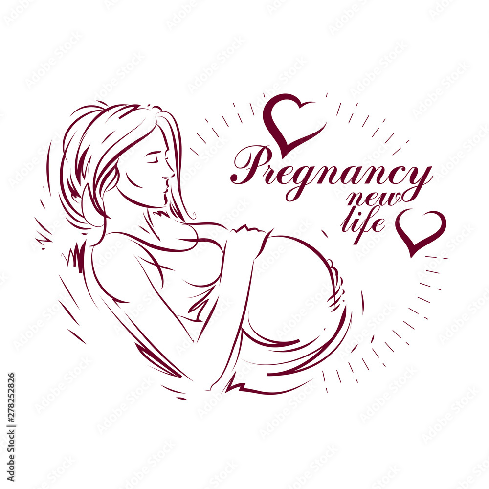 Vector hand-drawn illustration of pregnant elegant woman expecting baby ...