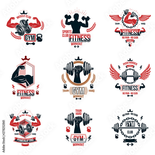Vector weightlifting theme logotypes and inspirational leaflets collection made using dumbbells, barbells, disc weights sport equipment and strong man perfect body.