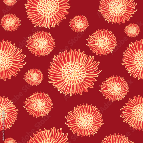 Abstract flowers pattern. Hand-drawn flowers on red background. Design for woman day, wedding invitation, card, textile, fabric, gift paper, wallpaper. Empty space for text.