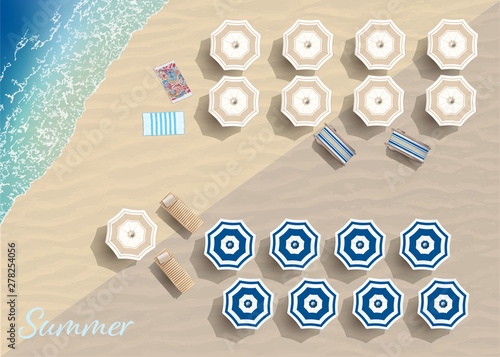 Summer Beach Vector Set - top view summer beach with umbrellas, sun beds, towels and blue sea