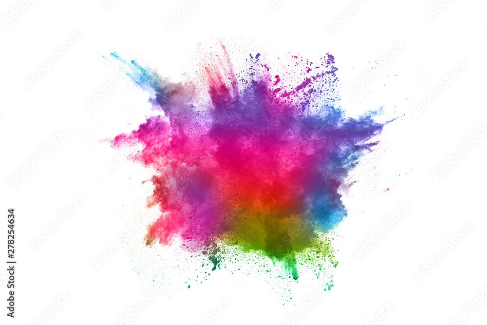 abstract powder splatted background. Colorful powder explosion on white background. Colored cloud. Colorful dust explode. Paint Holi.