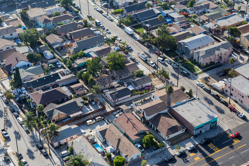 Afternoon aerial view of older residential housing in the southern portion of Los Angeles, California.  