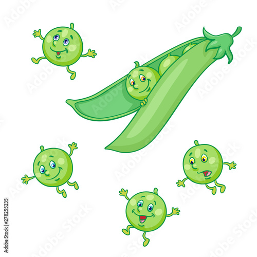 Pea pod and funny peas.  In cartoon style. Isolated on white background. Vector illustration.