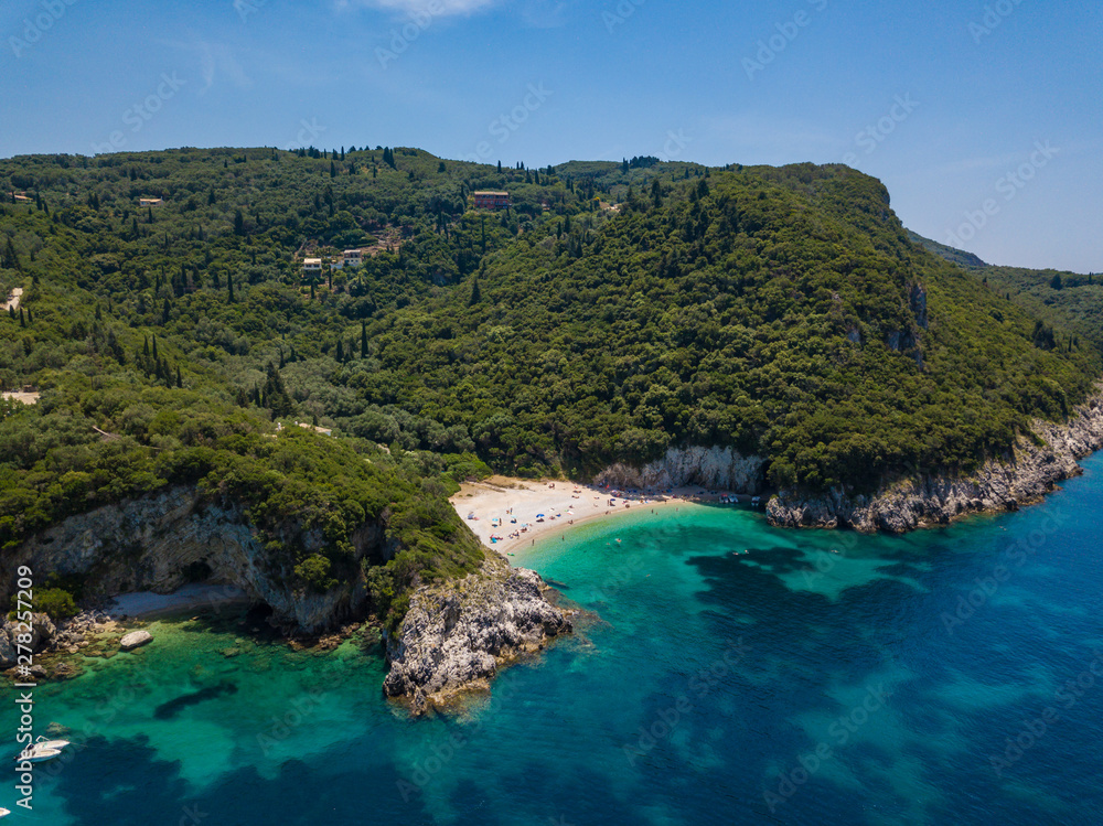 Aerial view to Rovinia beach. Summer photo from drone. Corfu island, Greece
