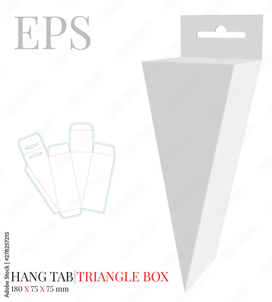 Triangle Box Template, vector with die cut / laser cut lines. White clear,  blank, isolated triangle box mock up on white background, perspective view. Triangle  box for paper birthday cake, princess Stock