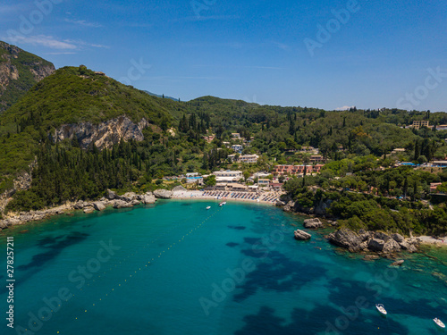 Aerial view to Liapades beach. Summer photo from drone. Corfu island  Greece