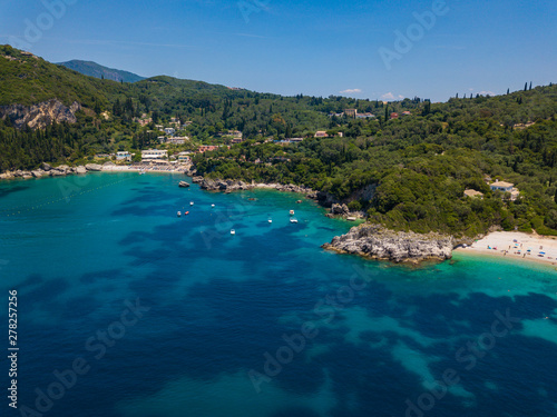 Aerial view to Glyko beach, Liapades beach and Rovinia beach. Photo from drone. Corfu island, Greece