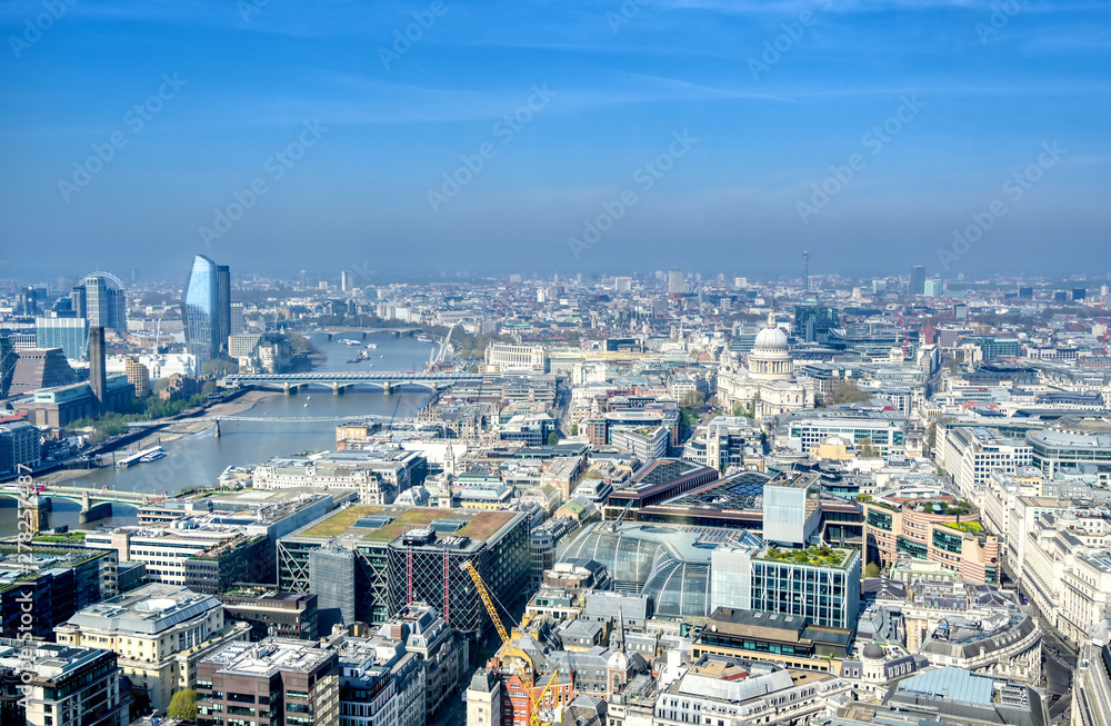 An aerial view of London, United Kingdom on a sunny day.