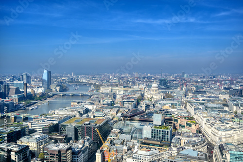 An aerial view of London  United Kingdom on a sunny day.