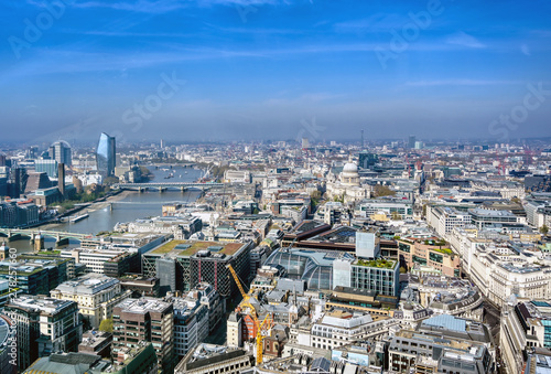 An aerial view of London  United Kingdom on a sunny day.