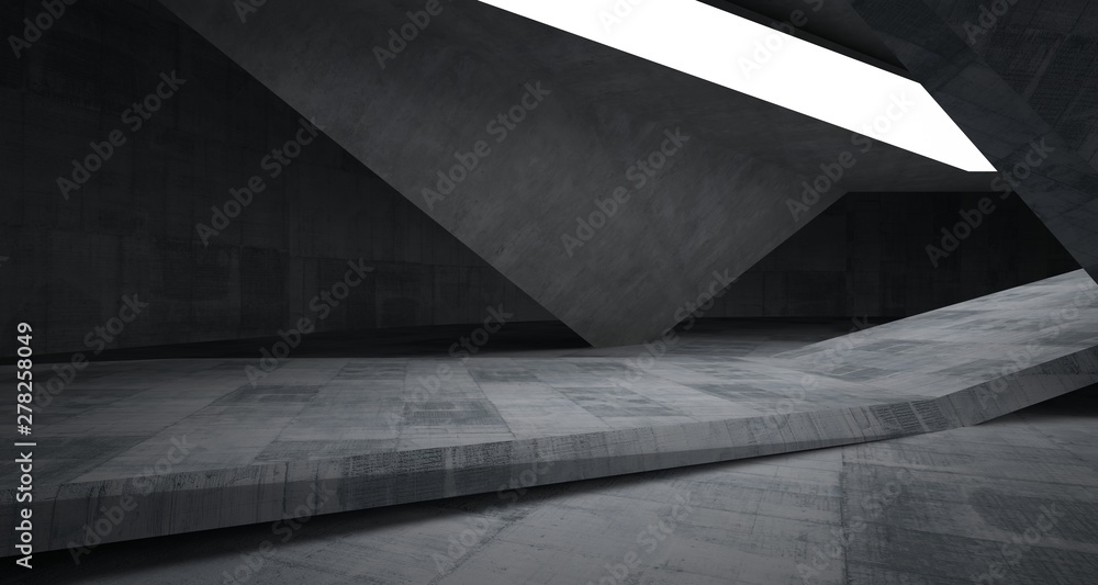 Fototapeta premium Streszczenie wnętrza z betonu architektonicznego minimalistycznego domu z oświetleniem neonowym. Ilustracja i renderowanie 3D.