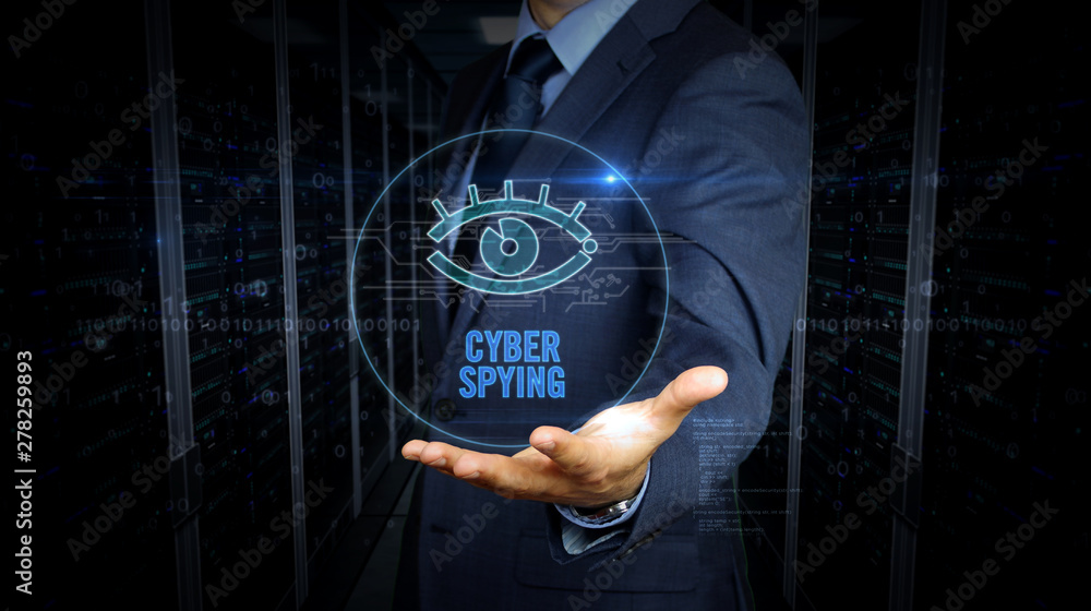 Fototapeta premium Businessman and screen with cyber eye hologram