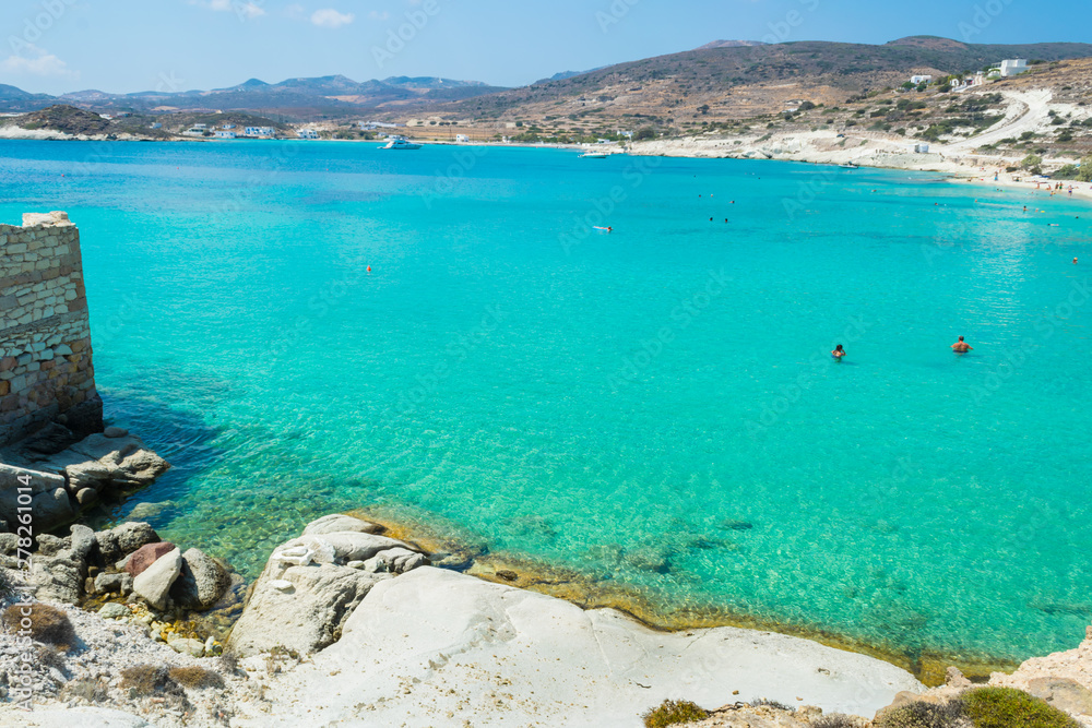  Prasa beach with turquoise crystal waters in Kimolos island, Cyclades, Greece
