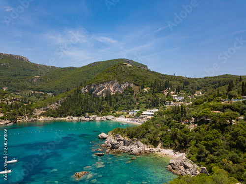 Aerial view to Glyko beach and Liapades beach. Photo from drone. Corfu island, Greece