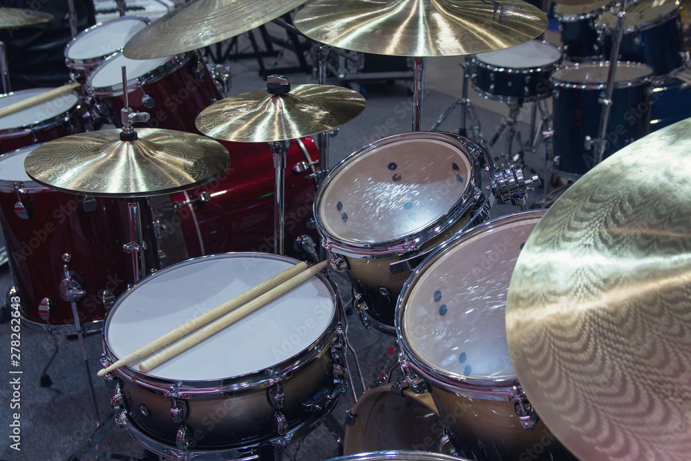 Drum set on stage in a concert hall. Musical instrument