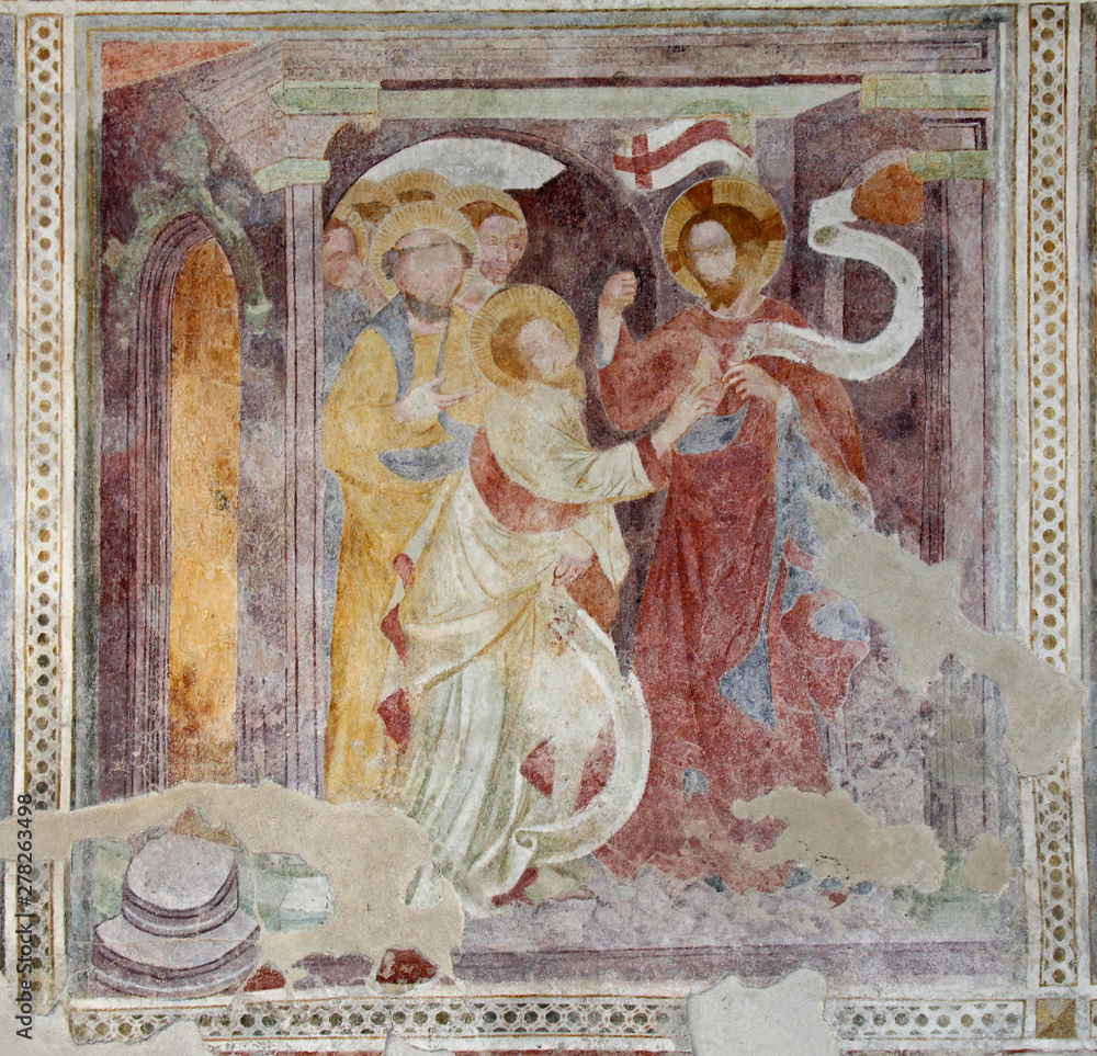 Tommaso tocca le piaghe di Gesù; affresco gotico (anno 1400 circa) nella chiesa di San Valentino a Termeno