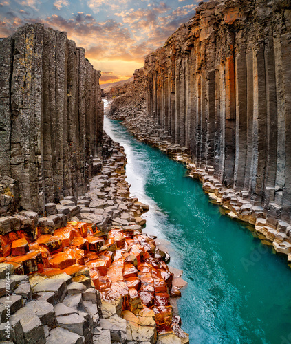 Breathtaking view of Studlagil basalt canyon, Iceland, Europe.