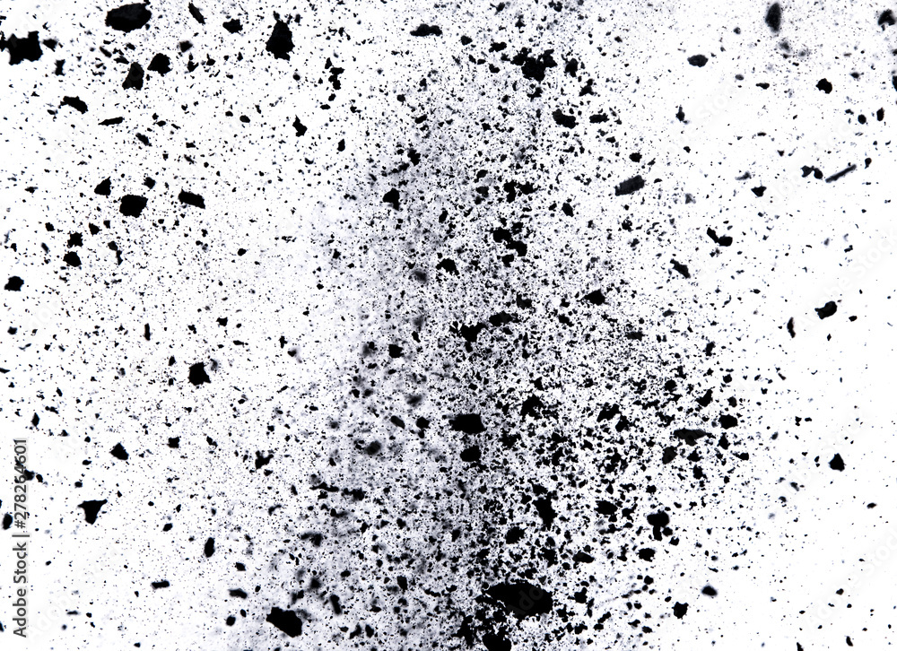 Black particle explosion on white background. Freeze motion. Black particle explosion on white background. Freeze motion.