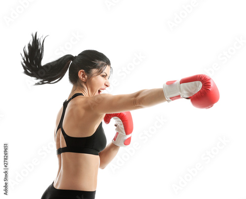 Sporty female boxer on whit...