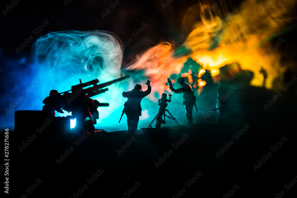 War Concept. Military silhouettes fighting scene on war fog sky background, War Concept. Military silhouettes fighting scene on war fog sky background,