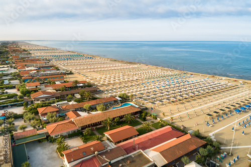 Aerial view of the Marina di Pietrasanta beach in the early morning, Tuscany, Italy. photo