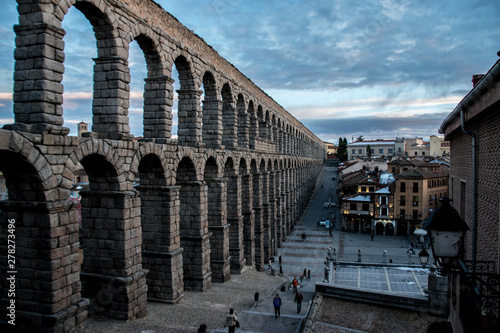 The Segovia aqueduct built under the Roman emperor Trajan and still in use. It carries water 10 miles from Frio River to the city of Segovia and is one of the best preserved Roman engineering works.