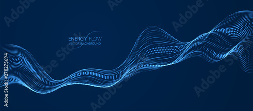 Sound wave over dark, particles flow, effect in motion. Dynamic vector abstract background. 3d shape shining dots blended mesh, future technology relaxing wallpaper.