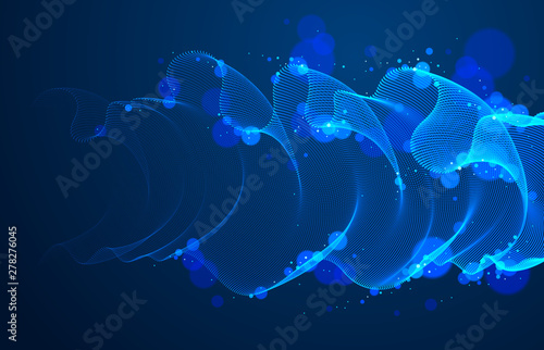 Vector abstract background with magic wave of flowing particles over dark, smooth curve shape lines, transparent tulle textile on wind. 3d shape dots magic blended mesh.