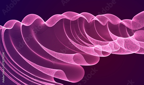 Dynamic magic wave transparent tulle textile on wind over dark, particles flow, effect in motion. Vector abstract background. 3d shape dots blended mesh, relaxing calming wallpaper.