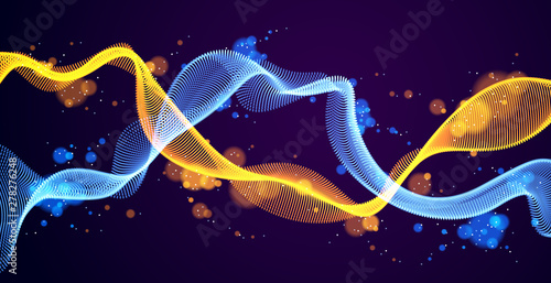 Dynamic particles mutual sound wave flowing over dark. Dotted double curves vector abstract background. Beautiful 3d wave shaped array of shining blended points.