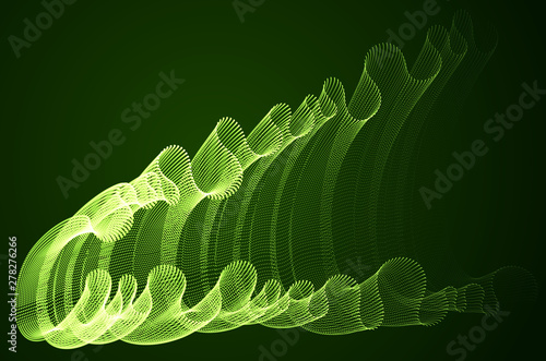 Array of magic particles flowing over dark, dynamic wave transparent tulle textile on wind. 3d vector illustration. Mesh round dots, beautiful relaxing wallpaper illustration.